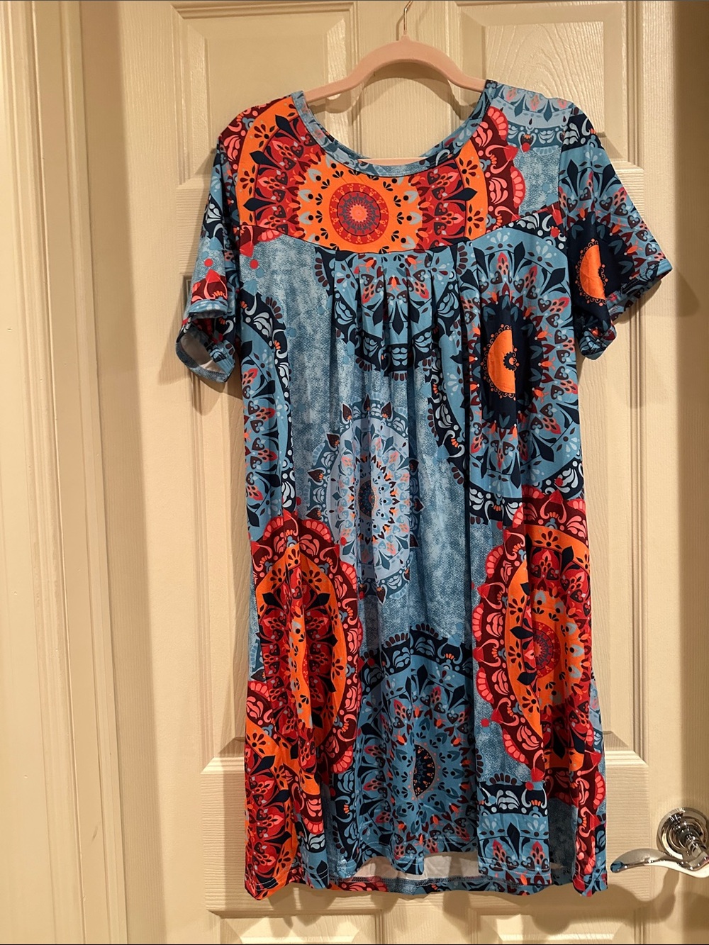 Blue and Orange Short-Sleeve Mini Dress with Medallion Print